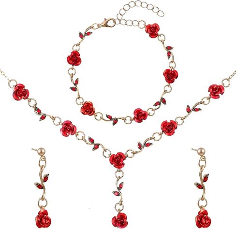 Red Rose Jewelry Set, 3 Pcs Red Flower Pendant Necklace Bracelet Dangle Earrings for Women Vintage Aesthetic Jewelry for Wedding, Prom, Christmas, Valentine's Day, Birthday Party Gift in Saudi Arabia