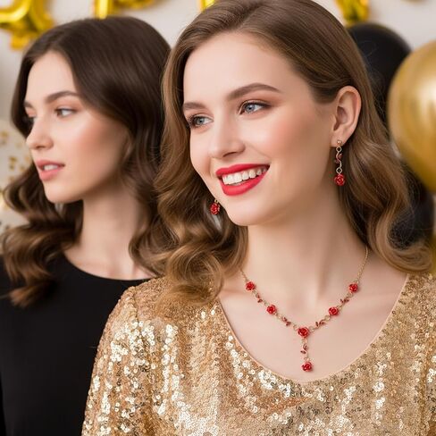 Red Rose Jewelry Set, 3 Pcs Red Flower Pendant Necklace Bracelet Dangle Earrings for Women Vintage Aesthetic Jewelry for Wedding, Prom, Christmas, Valentine's Day, Birthday Party Gift in Saudi Arabia