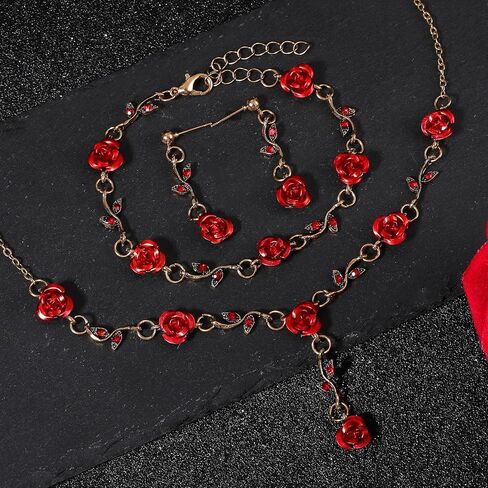 Red Rose Jewelry Set, 3 Pcs Red Flower Pendant Necklace Bracelet Dangle Earrings for Women Vintage Aesthetic Jewelry for Wedding, Prom, Christmas, Valentine's Day, Birthday Party Gift in Saudi Arabia