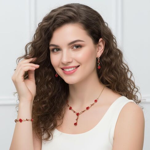Red Rose Jewelry Set, 3 Pcs Red Flower Pendant Necklace Bracelet Dangle Earrings for Women Vintage Aesthetic Jewelry for Wedding, Prom, Christmas, Valentine's Day, Birthday Party Gift in Saudi Arabia