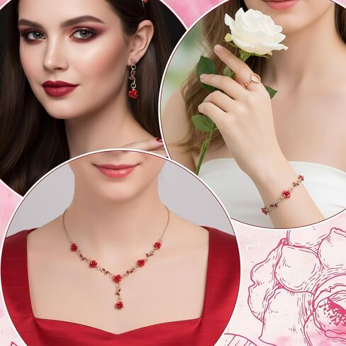 Red Rose Jewelry Set, 3 Pcs Red Flower Pendant Necklace Bracelet Dangle Earrings for Women Vintage Aesthetic Jewelry for Wedding, Prom, Christmas, Valentine's Day, Birthday Party Gift in Saudi Arabia