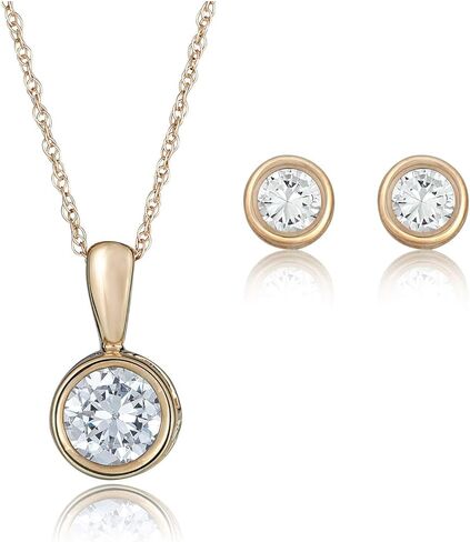 AVORA 10K Yellow-Gold Simulated Diamond CZ Solitaire Pendant Necklace and Stud Earrings in Saudi Arabia