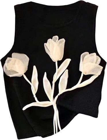 SHENHE Women's Summer 3D Flower Tank Top Crew Neck Sleeveless Fitted Dressy Going Out Top in Saudi Arabia