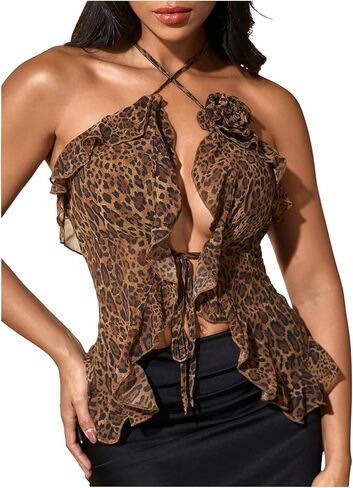 MakeMeChic Women's Leopard Print Ruffle Trim Halter Criss Cross Tie Summer Shirt Crop Tops in Saudi Arabia