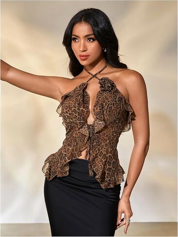 MakeMeChic Women's Leopard Print Ruffle Trim Halter Criss Cross Tie Summer Shirt Crop Tops in Saudi Arabia