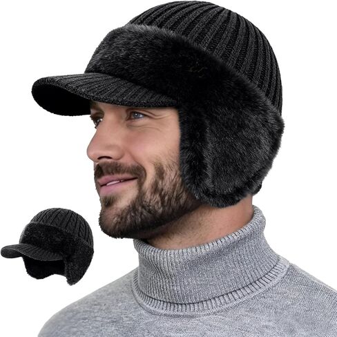 Winter Beanie Hat for Men, Mens Brim Hats with Ear Flaps, Cold Shield Fleece Lined Knit for Men Women in Saudi Arabia