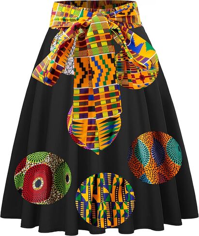 SHENBOLEN Women African Black Skirt Ankara Print Wax Skirt Tie Waist Belt in Saudi Arabia