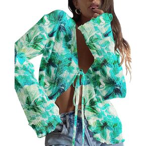 ZAFUL Women's Deep V Neck Tie Front Top Flare Sleeve Plisse Pleated Blouse Shirt Top Y2k Vintage Streetwear in Kuwait