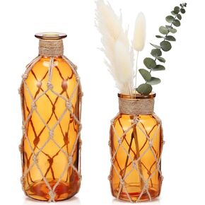 Chuangdi Set of 2 Coastal Glass Vases for Flowers Small Flower Vase with Boho Rope Wrapping Beach Decorative Bottle for Coastal Nautical Table Centerpiece Wedding Floral Arrangement Decor(Light Blue) in Kuwait