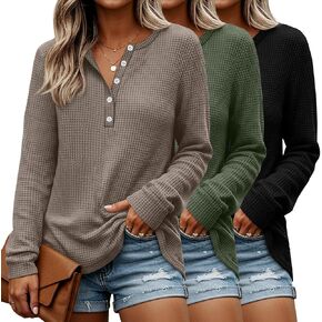 3 Pack Women's Waffle Henley Shirts Oversized Long Sleeve Tops Button up V Neck Loose Knit Casual Pullover Sweater in Saudi Arabia