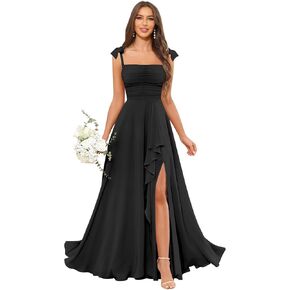 فساتين وصيفة الشرف مكشكشة للنساء برقبة مربعة من الشيفون بطيات على شكل حرف A بثوب سهرة رسمي مع فتحة in Kuwait