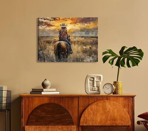 OCRXLYTH راعية البقر الغربية ركوب الخيل قماش جدار الفن راعية البقر جدار ديكور صور غروب الشمس الريف المناظر الطبيعية اللوحة طباعة عمل فني خمر لغرفة المعيشة غرفة نوم ديكور البلد 16x24 in Saudi Arabia