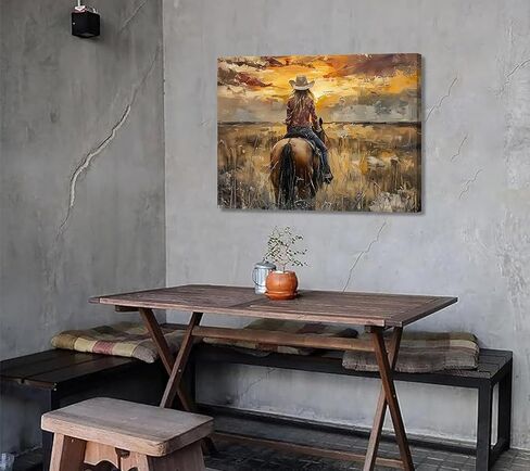 OCRXLYTH راعية البقر الغربية ركوب الخيل قماش جدار الفن راعية البقر جدار ديكور صور غروب الشمس الريف المناظر الطبيعية اللوحة طباعة عمل فني خمر لغرفة المعيشة غرفة نوم ديكور البلد 16x24 in Saudi Arabia