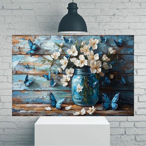 Blue Butterflies White Flowers Vintage Rustic Canvas Wall Art - 12x18in Unframed Poster- Home & Office Decor for Living Room, Bedroom, Kitchen & Cafe in Saudi Arabia