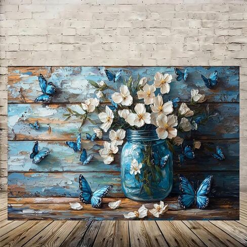 Blue Butterflies White Flowers Vintage Rustic Canvas Wall Art - 12x18in Unframed Poster- Home & Office Decor for Living Room, Bedroom, Kitchen & Cafe in Saudi Arabia