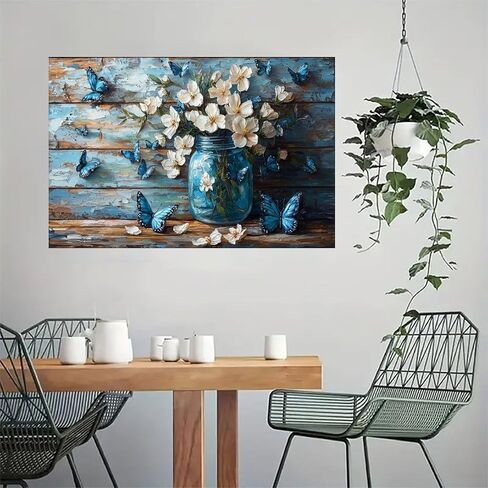 Blue Butterflies White Flowers Vintage Rustic Canvas Wall Art - 12x18in Unframed Poster- Home & Office Decor for Living Room, Bedroom, Kitchen & Cafe in Saudi Arabia