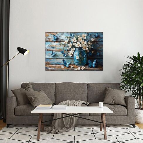 Blue Butterflies White Flowers Vintage Rustic Canvas Wall Art - 12x18in Unframed Poster- Home & Office Decor for Living Room, Bedroom, Kitchen & Cafe in Saudi Arabia