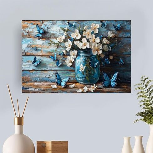 Blue Butterflies White Flowers Vintage Rustic Canvas Wall Art - 12x18in Unframed Poster- Home & Office Decor for Living Room, Bedroom, Kitchen & Cafe in Saudi Arabia