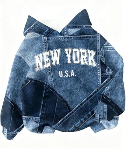 Women's Oversized Denim Print Hoodie, New York Vintage Distressed Long Sleeve Pullover Sweatshirt for Women in Saudi Arabia