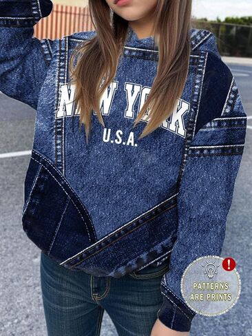 Women's Oversized Denim Print Hoodie, New York Vintage Distressed Long Sleeve Pullover Sweatshirt for Women in Saudi Arabia