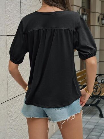 Cicy Bell Womens Puff Short Sleeve T-Shirts V Neck Summer Casual Pleated Tops Loose Fit Curved Hem Tees in Saudi Arabia