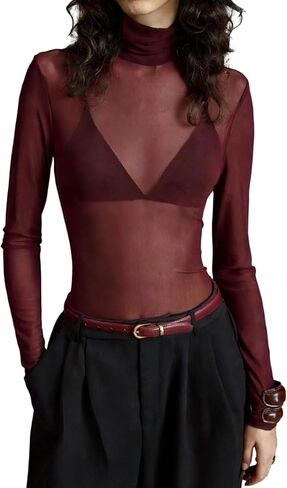 SOLY HUX Women's Sheer Mesh Long Sleeve Tops Turtleneck See Through T Shirt Sexy Going Out Top in Saudi Arabia