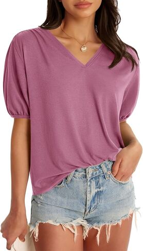 Cicy Bell Womens Puff Short Sleeve T-Shirts V Neck Summer Casual Pleated Tops Loose Fit Curved Hem Tees in Saudi Arabia