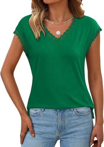 JUSTFASHIONNOW قطع علوية بأكمام قصيرة للنساء من الدانتيل ورقبة على شكل V تي شيرت أنيق بلوزات غير رسمية ملابس صيفية لطيفة عصرية 2026 in Kuwait