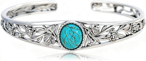 Genuine Turquoise Vintage Sunflower Bracelet Bangle, Sterling Silver Boho Adjustable Bangle Cuff Native American Jewelry for Women, Fit for 6.5 7 7.5 Inches in Kuwait