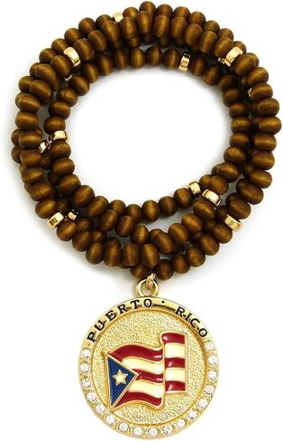 NYFASHION101 Stone Stud Puerto Rico Waving Flag Medal Pendant with 6mm 30" Wood Bead Color Disc Necklace in Saudi Arabia