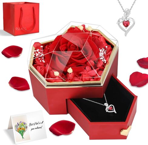 Eternal Preserved Red Rose Gift Box with Exquisite Heart Necklaces, for Women, Girlfriend, Wife, Mom on Birthday, Christmas（Silver） in Saudi Arabia