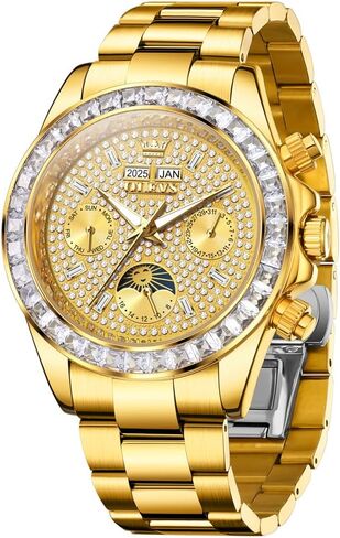 Men's Luxury Watch Gold Diamond Automatic Mechanical with Date Moon Phase Stainless Steel Luminous Waterproof Business Wristwatch in Saudi Arabia