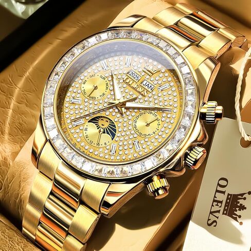 Men's Luxury Watch Gold Diamond Automatic Mechanical with Date Moon Phase Stainless Steel Luminous Waterproof Business Wristwatch in Saudi Arabia
