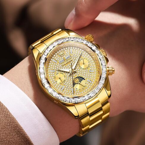 Men's Luxury Watch Gold Diamond Automatic Mechanical with Date Moon Phase Stainless Steel Luminous Waterproof Business Wristwatch in Saudi Arabia