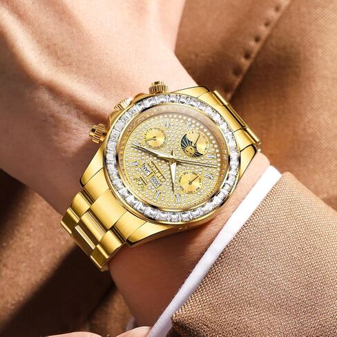 Men's Luxury Watch Gold Diamond Automatic Mechanical with Date Moon Phase Stainless Steel Luminous Waterproof Business Wristwatch in Saudi Arabia