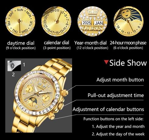 Men's Luxury Watch Gold Diamond Automatic Mechanical with Date Moon Phase Stainless Steel Luminous Waterproof Business Wristwatch in Saudi Arabia