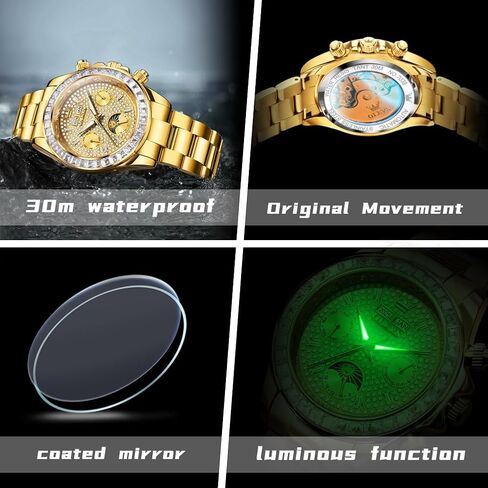Men's Luxury Watch Gold Diamond Automatic Mechanical with Date Moon Phase Stainless Steel Luminous Waterproof Business Wristwatch in Saudi Arabia