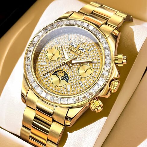 Men's Luxury Watch Gold Diamond Automatic Mechanical with Date Moon Phase Stainless Steel Luminous Waterproof Business Wristwatch in Saudi Arabia