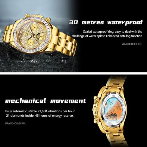 Men's Luxury Watch Gold Diamond Automatic Mechanical with Date Moon Phase Stainless Steel Luminous Waterproof Business Wristwatch in Saudi Arabia