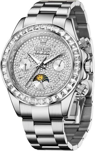 Men's Luxury Watch Gold Diamond Automatic Mechanical with Date Moon Phase Stainless Steel Luminous Waterproof Business Wristwatch in Saudi Arabia