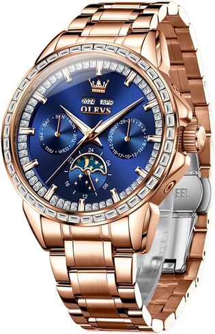 Men's Luxury Watch Gold Diamond Automatic Mechanical with Date Moon Phase Stainless Steel Luminous Waterproof Business Wristwatch in Saudi Arabia