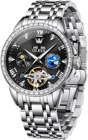 Men's Luxury Watch Gold Diamond Automatic Mechanical with Date Moon Phase Stainless Steel Luminous Waterproof Business Wristwatch in Saudi Arabia