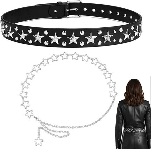 مجموعتان من حزام Y2K، وأحزمة نجمة وسلسلة بنطلون، وإكسسوارات عصرية Y2K، وأحزمة جلدية PU قابلة للتعديل مع لمسات معدنية in Kuwait