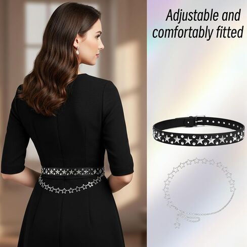 مجموعتان من حزام Y2K، وأحزمة نجمة وسلسلة بنطلون، وإكسسوارات عصرية Y2K، وأحزمة جلدية PU قابلة للتعديل مع لمسات معدنية in Kuwait