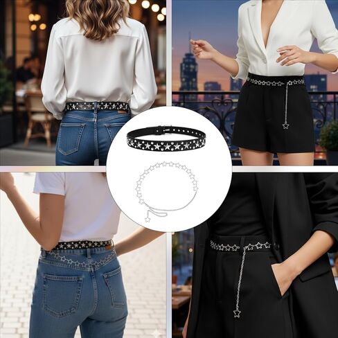 مجموعتان من حزام Y2K، وأحزمة نجمة وسلسلة بنطلون، وإكسسوارات عصرية Y2K، وأحزمة جلدية PU قابلة للتعديل مع لمسات معدنية in Kuwait