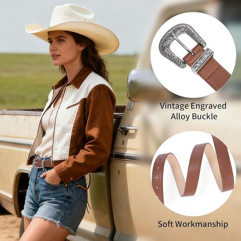 Western Belt for Women Cowgirl Cowboy Adjustable Belt for Jeans Pants with Silver Vintage Engraved Buckle in Kuwait