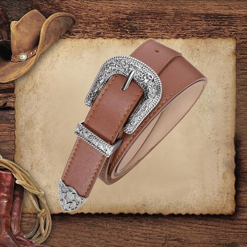 Western Belt for Women Cowgirl Cowboy Adjustable Belt for Jeans Pants with Silver Vintage Engraved Buckle in Kuwait