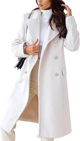 ECADHICC Women Long Wool Blend Pea Coat Winter Casual Overcoat Notched Lapel Collar Long Jacket Outerwear in Saudi Arabia