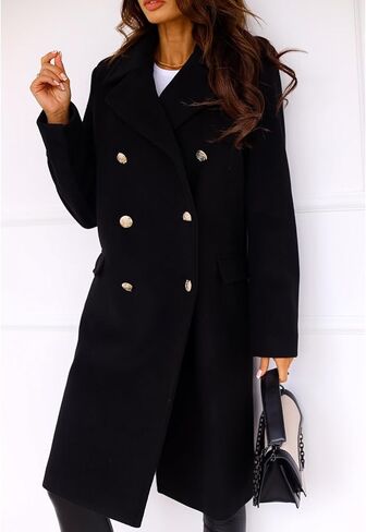 ECADHICC Women Long Wool Blend Pea Coat Winter Casual Overcoat Notched Lapel Collar Long Jacket Outerwear in Saudi Arabia