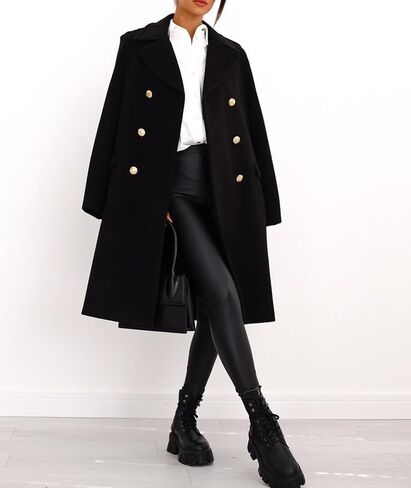 ECADHICC Women Long Wool Blend Pea Coat Winter Casual Overcoat Notched Lapel Collar Long Jacket Outerwear in Saudi Arabia